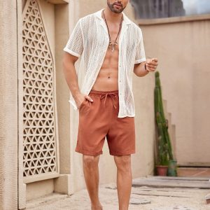 Manfinity KASUA Men??s Solid Color Hollow Out Short SleeveCollar Shirt - Image 4