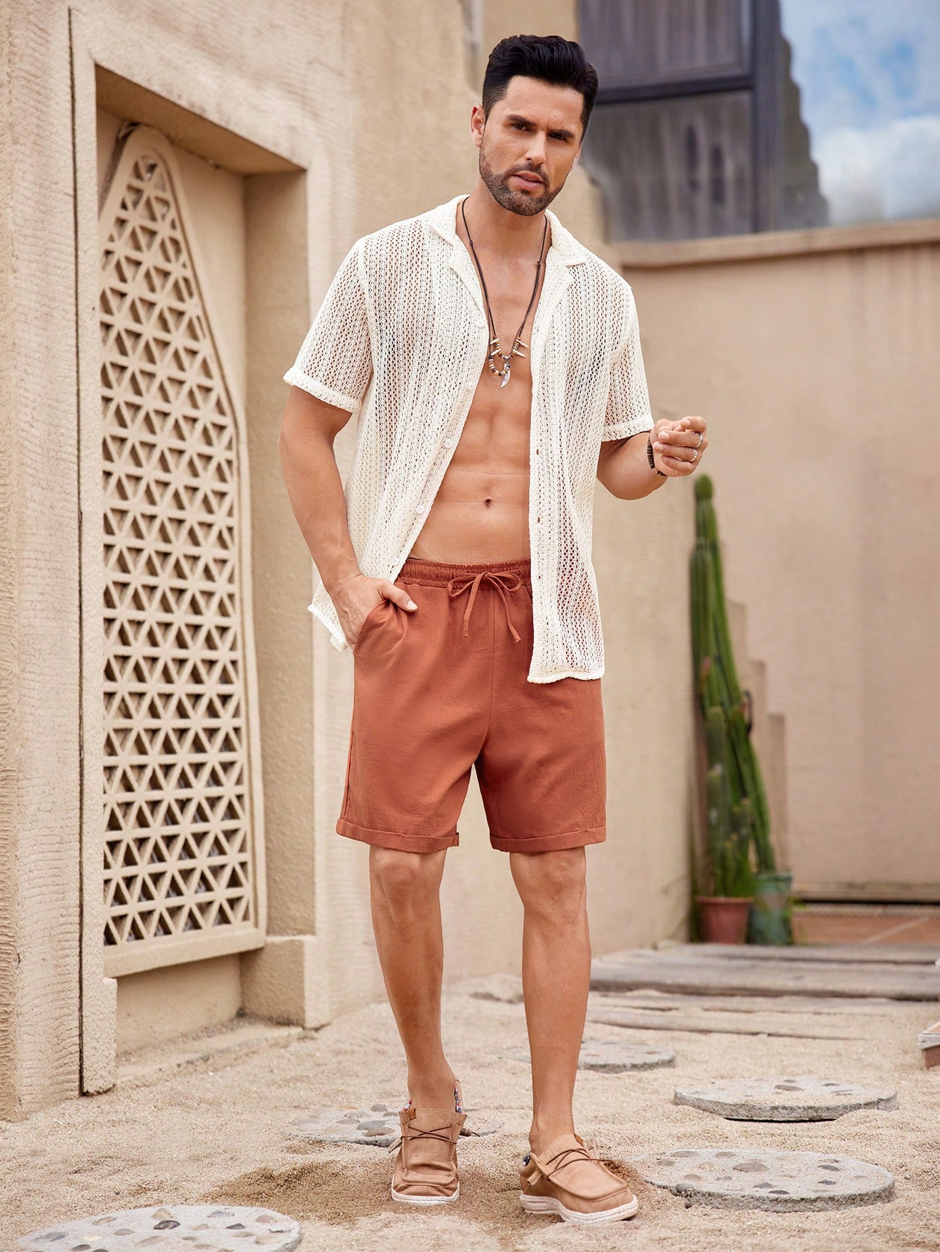 Manfinity KASUA Men??s Solid Color Hollow Out Short SleeveCollar Shirt - Image 4