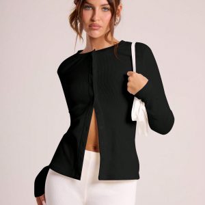 MUSERA Ribbed Button Through Long Sleeve Crew Neck Top - Image 1